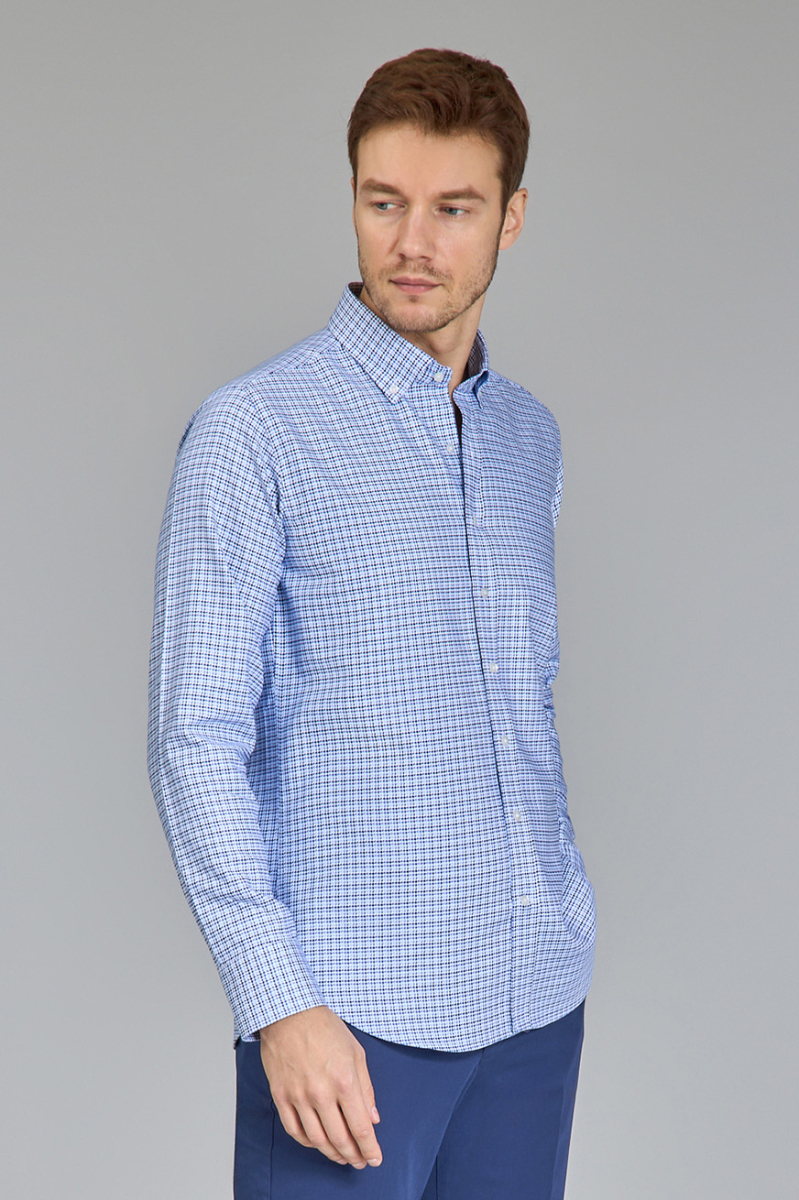 Regular Fit Paşa Yaka Mavi Pamuk Erkek Gömlek