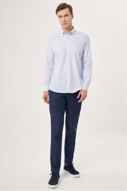 Regular Fit Paşa Yaka Mavi Spor Erkek Gömlek - 6