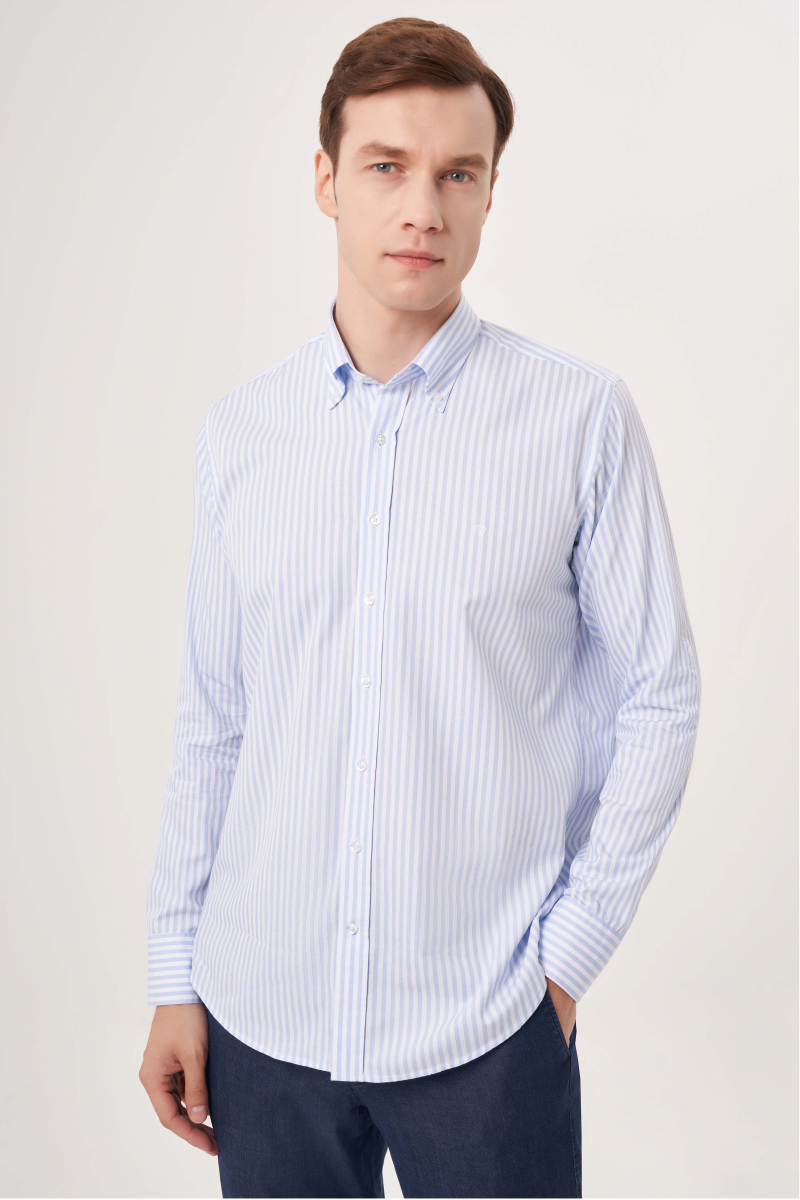 Regular Fit Paşa Yaka Mavi Spor Erkek Gömlek