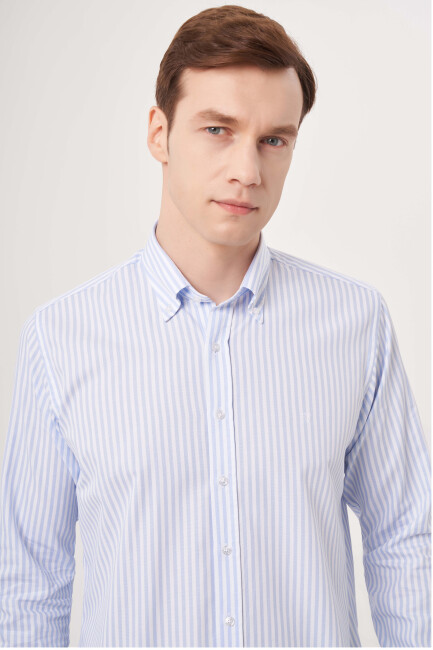 Regular Fit Paşa Yaka Mavi Spor Erkek Gömlek - 3