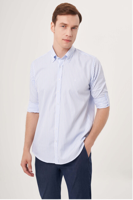 Regular Fit Paşa Yaka Mavi Spor Erkek Gömlek - 4