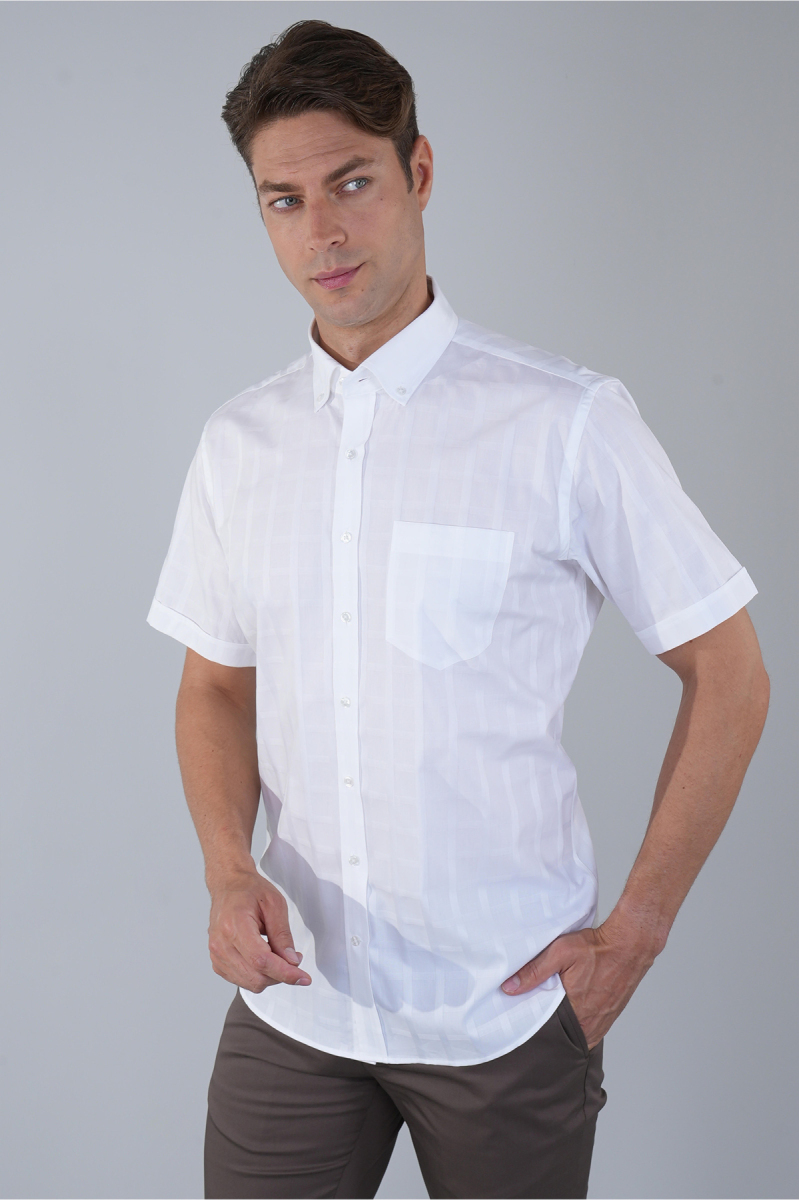 Regular Fit Paşa Yaka Pamuk Beyaz Erkek Gömlek - 1