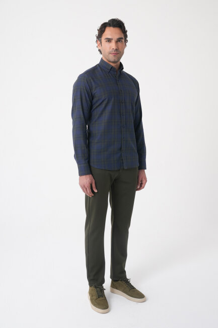 Regular Fit Paşa Yaka Pamuk Koyu Yeşil Erkek Gömlek - 4