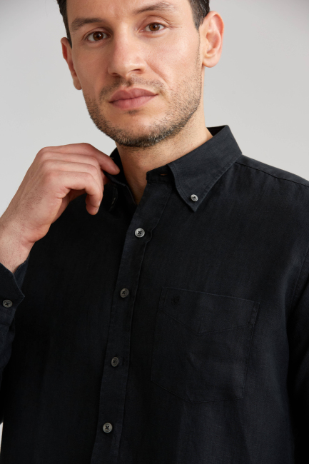 Regular Fit Paşa Yaka Siyah Basic Erkek Gömlek - 4