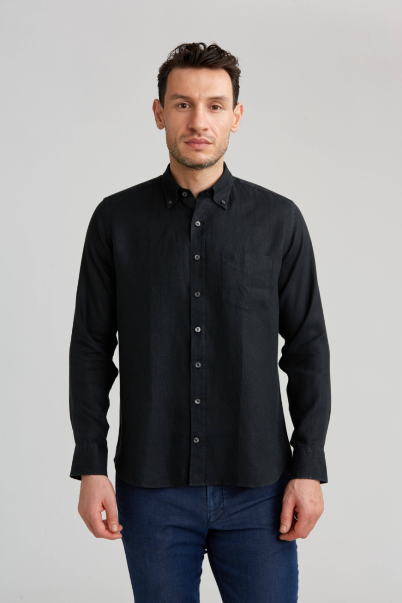 Regular Fit Paşa Yaka Siyah Basic Erkek Gömlek - 1