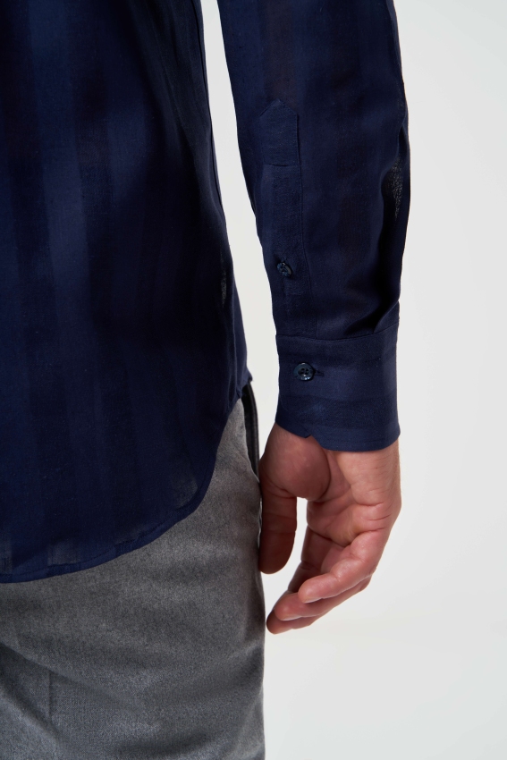 Regular Fit Paşa Yaka Transparan Lacivert Erkek Gömlek - 4