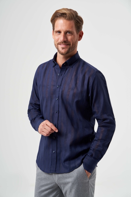 Regular Fit Paşa Yaka Transparan Lacivert Erkek Gömlek 