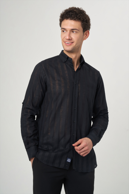Regular Fit Paşa Yaka Transparan Siyah Erkek Gömlek