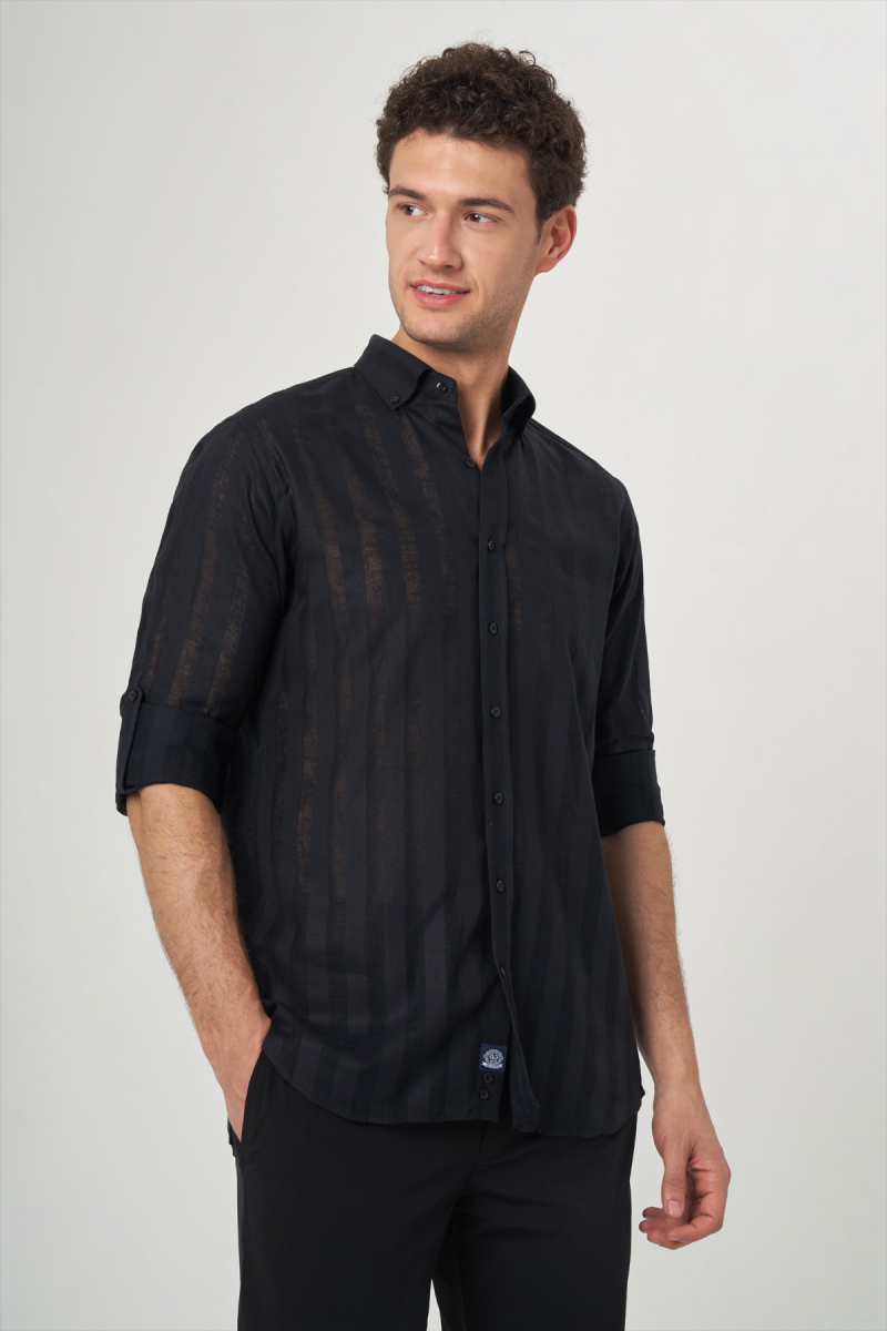 Regular Fit Paşa Yaka Transparan Siyah Erkek Gömlek - 4