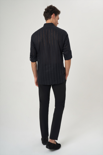 Regular Fit Paşa Yaka Transparan Siyah Erkek Gömlek (1)