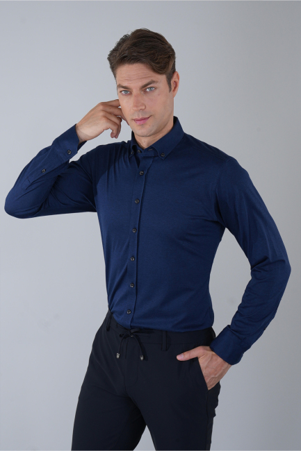 Regular Fit Paşa Yaka Uzun Kollu Erkek Pamuk Gömlek - 1