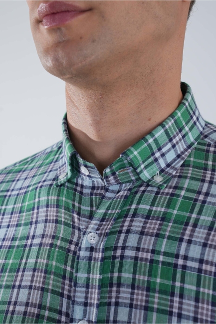 Regular Fit Paşa Yaka Yeşil Desenli Pamuk Keten Erkek Gömlek - 3