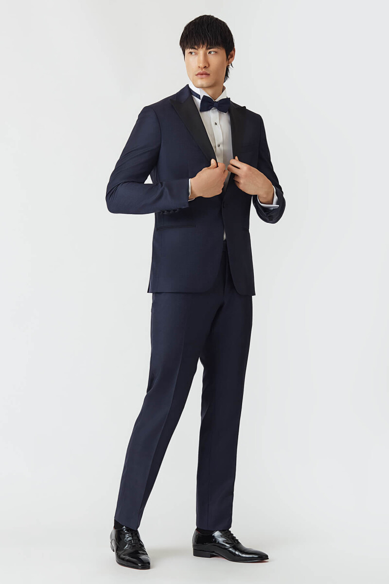 Regular Fit Sivri Yaka Lacivert Erkek Yün Smokin Takım