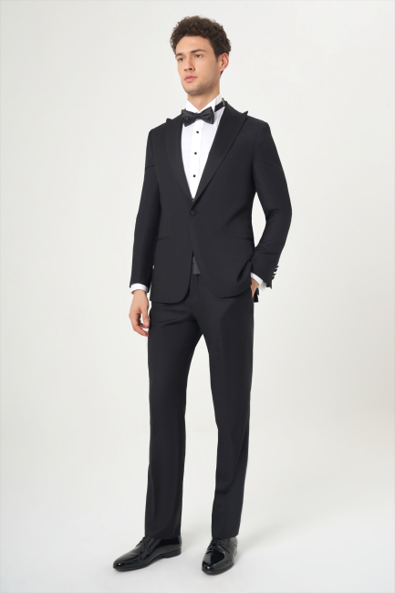 Regular Fit Sivri Yaka Siyah Erkek Yün Smokin Takım - 5