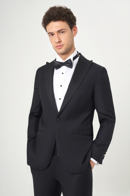 Regular Fit Sivri Yaka Siyah Erkek Yün Smokin Takım - 4