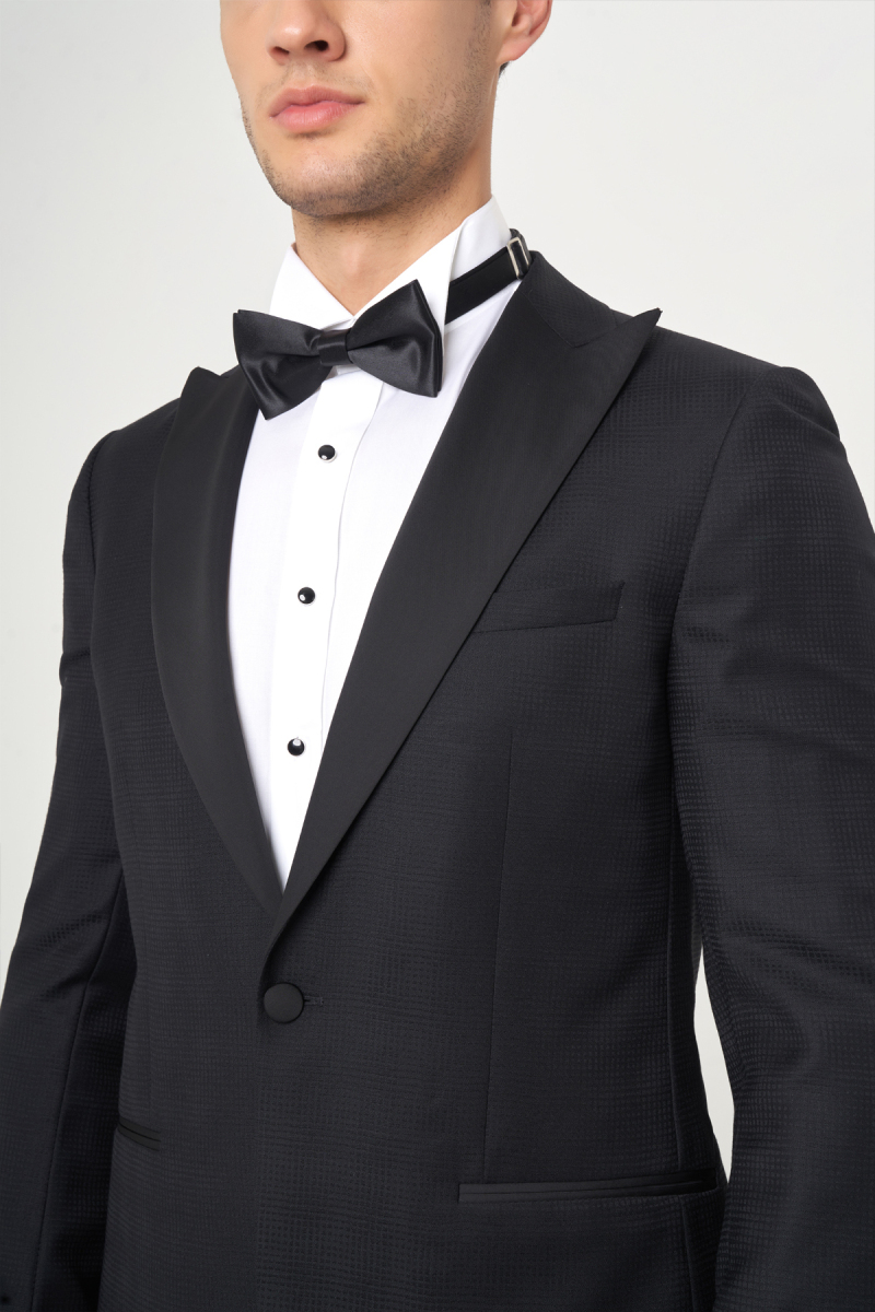 Regular Fit Sivri Yaka Siyah Erkek Yün Smokin Takım - 3