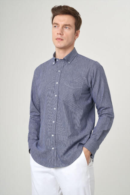 Regular Fit Spor Lacivert Pamuk Keten Erkek Gömlek - 3