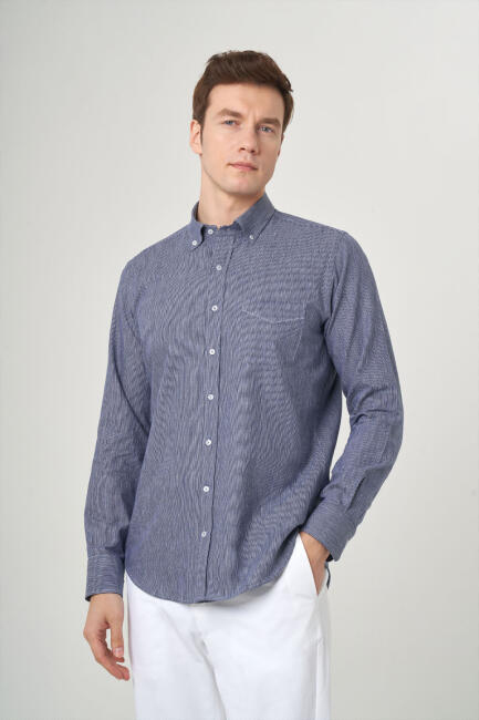 Regular Fit Spor Lacivert Pamuk Keten Erkek Gömlek