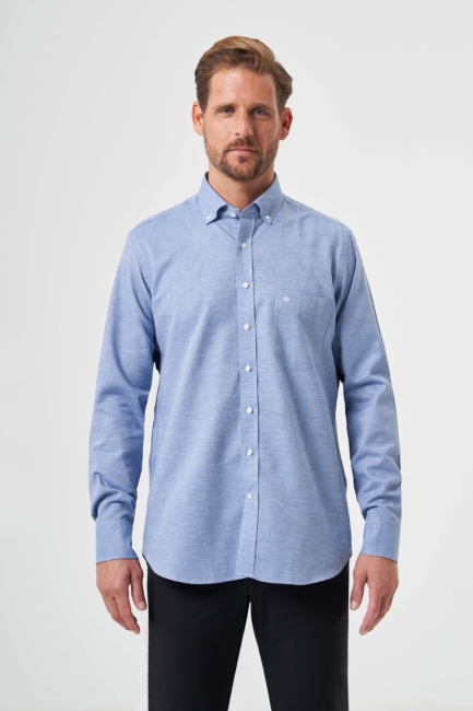 Regular Fit Spor Mavi Keten Erkek Gömlek