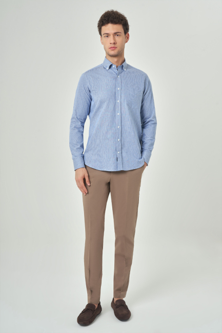 Regular Fit Spor Mavi Pamuk Keten Erkek Gömlek - 4
