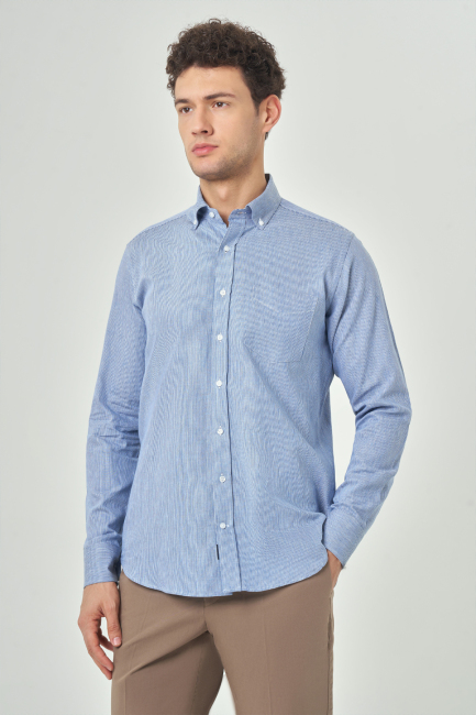 Regular Fit Spor Mavi Pamuk Keten Erkek Gömlek