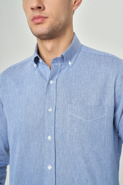 Regular Fit Spor Mavi Pamuk Keten Erkek Gömlek - 3