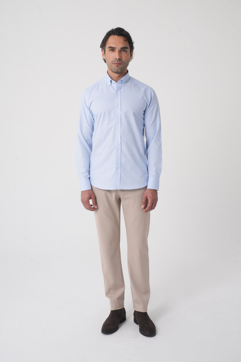 Regular Fit Spor Yaka Çift Pamuk Mavi Erkek Gömlek - 3