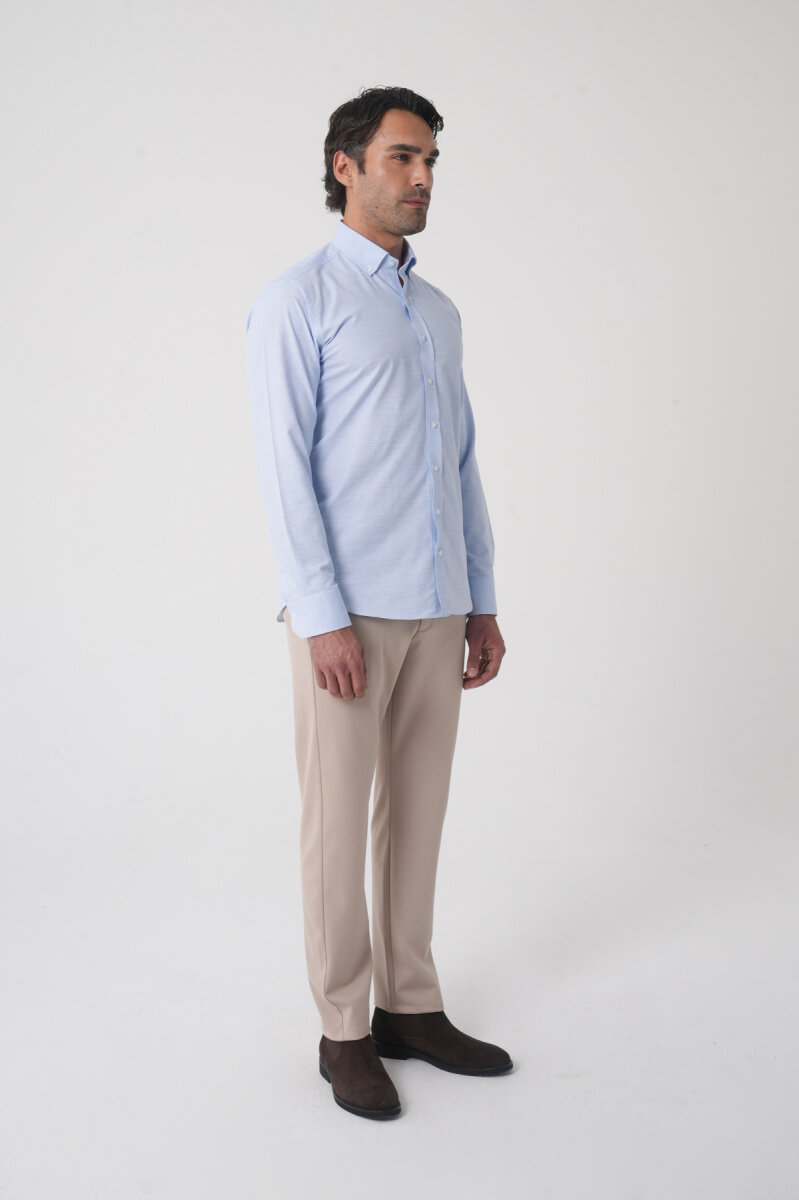 Regular Fit Spor Yaka Çift Pamuk Mavi Erkek Gömlek - 4