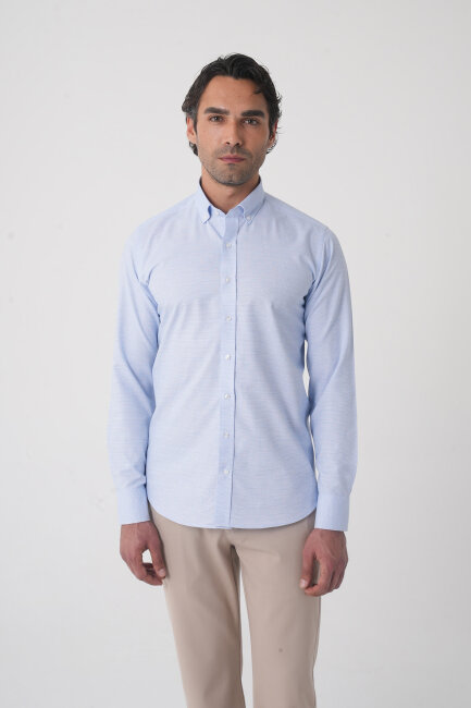 Regular Fit Spor Yaka Çift Pamuk Mavi Erkek Gömlek - 1