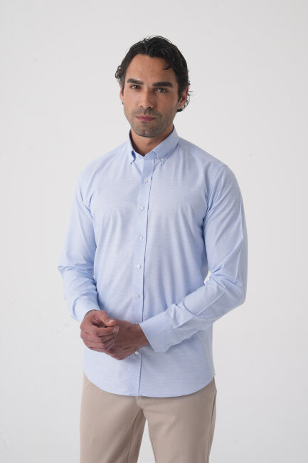 Regular Fit Spor Yaka Çift Pamuk Mavi Erkek Gömlek - 2