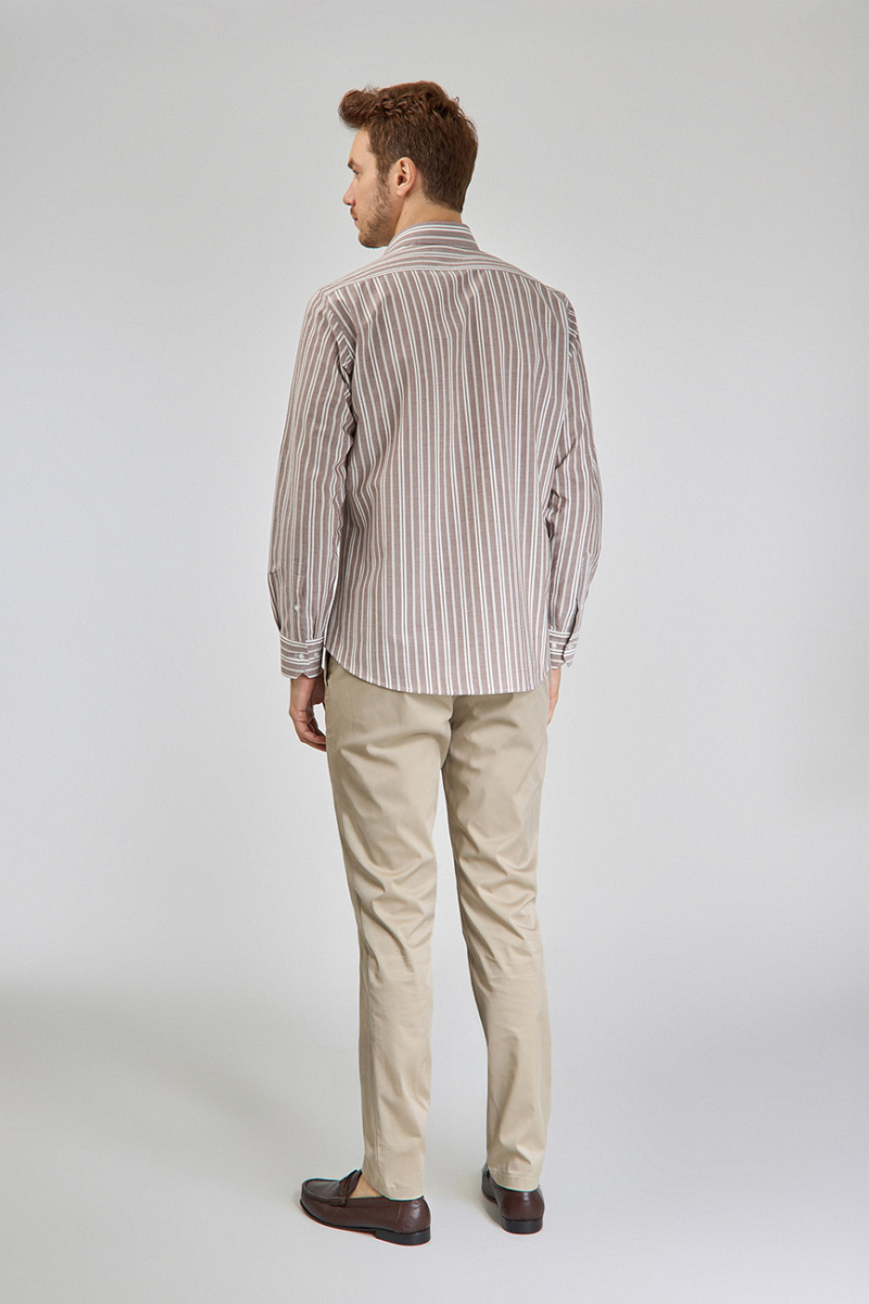 Regular Fit Spor Yaka Çizgili Açık Kahve Pamuk Erkek Gömlek - 6