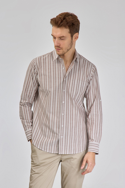 Regular Fit Spor Yaka Çizgili Açık Kahve Pamuk Erkek Gömlek - 5