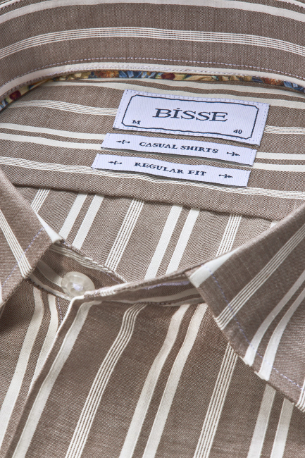 Regular Fit Spor Yaka Çizgili Açık Kahve Pamuk Erkek Gömlek - 4