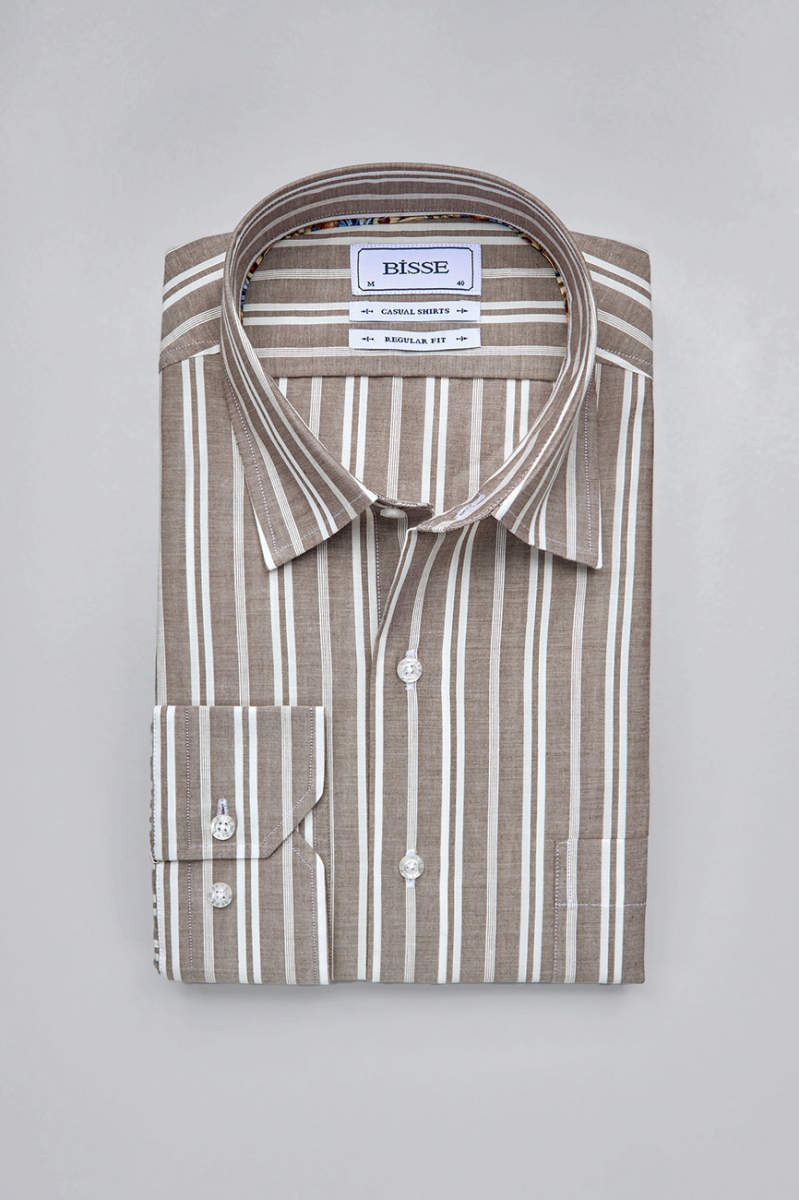 Regular Fit Spor Yaka Çizgili Açık Kahve Pamuk Erkek Gömlek - 3