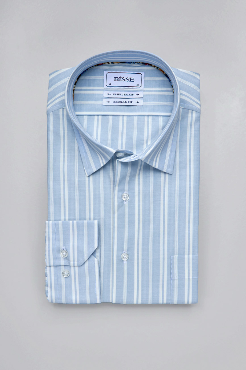 Regular Fit Spor Yaka Çizgili Açık Mavi Pamuk Erkek Gömlek - 3