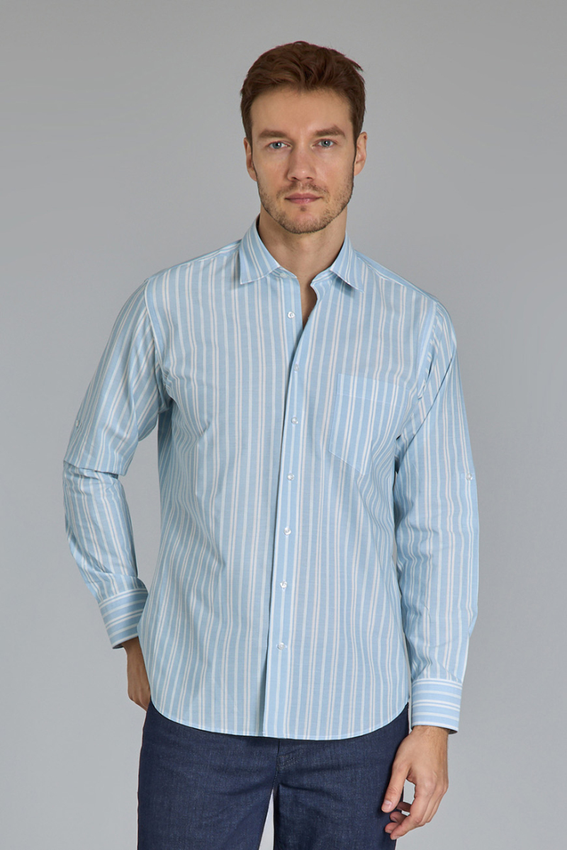 Regular Fit Spor Yaka Çizgili Açık Mavi Pamuk Erkek Gömlek