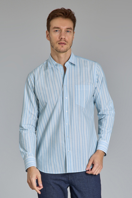 Regular Fit Spor Yaka Çizgili Açık Mavi Pamuk Erkek Gömlek - 2