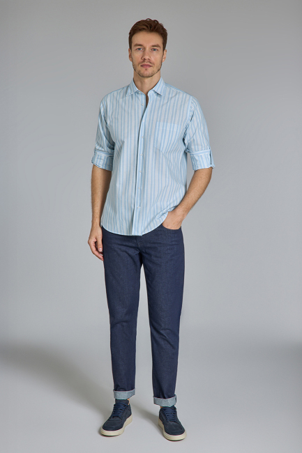 Regular Fit Spor Yaka Çizgili Açık Mavi Pamuk Erkek Gömlek - 5
