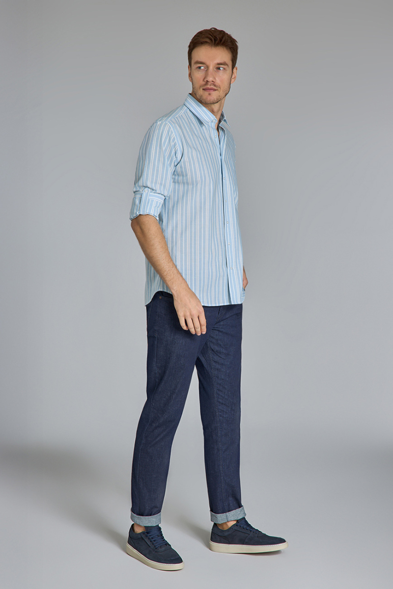 Regular Fit Spor Yaka Çizgili Açık Mavi Pamuk Erkek Gömlek - 6