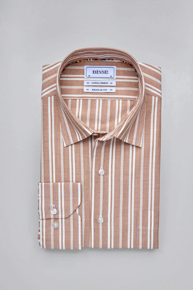 Regular Fit Spor Yaka Çizgili Somon Pamuk Erkek Gömlek - 3
