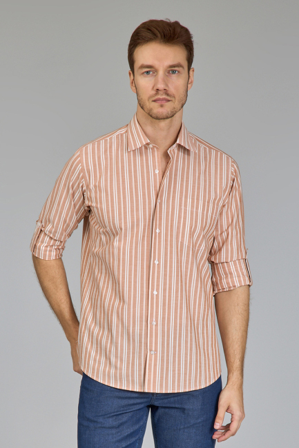 Regular Fit Spor Yaka Çizgili Somon Pamuk Erkek Gömlek
