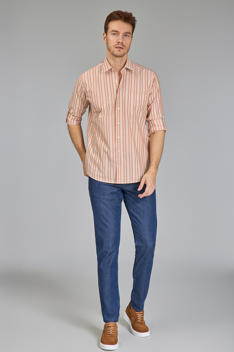 Regular Fit Spor Yaka Çizgili Somon Pamuk Erkek Gömlek - 5