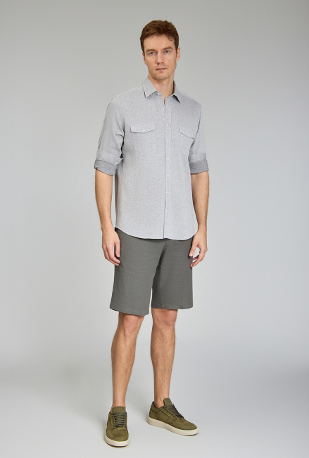 Regular Fit Spor Yaka Gri Pamuk Keten Erkek Gömlek (1)