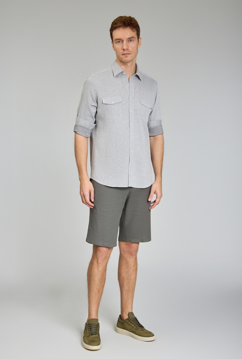 Regular Fit Spor Yaka Gri Pamuk Keten Erkek Gömlek (1)