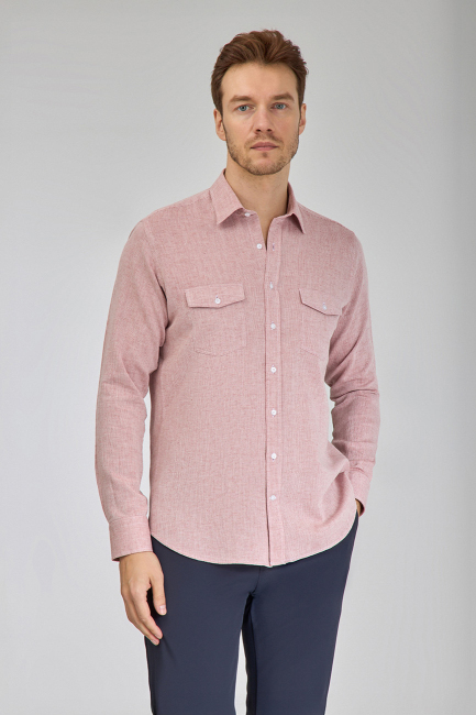 Regular Fit Spor Yaka Kırmızı Pamuk Keten Linen Erkek Gömlek 