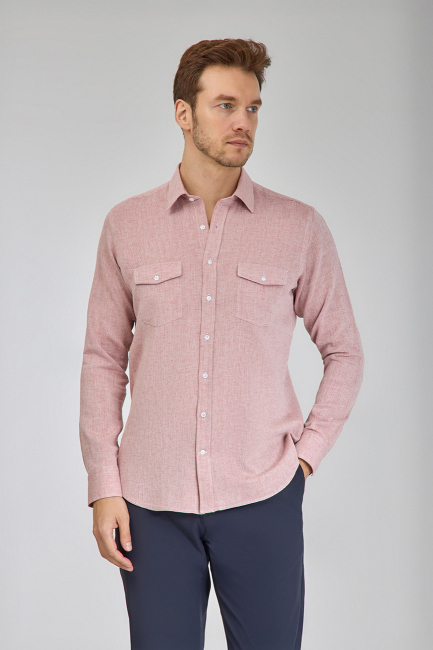 Regular Fit Spor Yaka Kırmızı Pamuk Keten Linen Erkek Gömlek - 5