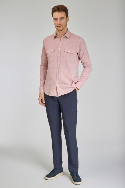 Regular Fit Spor Yaka Kırmızı Pamuk Keten Linen Erkek Gömlek - 2