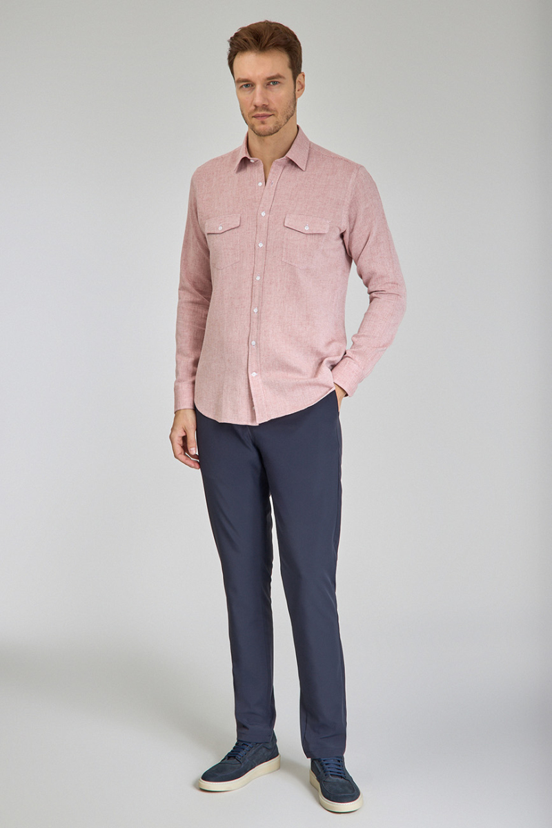 Regular Fit Spor Yaka Kırmızı Pamuk Keten Linen Erkek Gömlek (1)