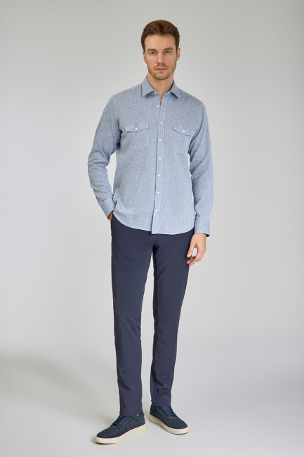 Regular Fit Spor Yaka Mavi Pamuk Keten Linen Erkek Gömlek (1)