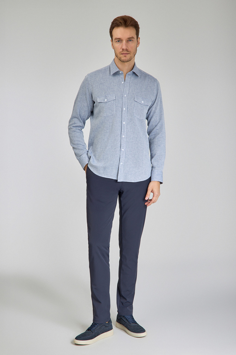 Regular Fit Spor Yaka Mavi Pamuk Keten Linen Erkek Gömlek - 2